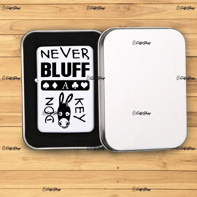 Never bluff a donkey bricheta metalica gravata laser cu mesaj